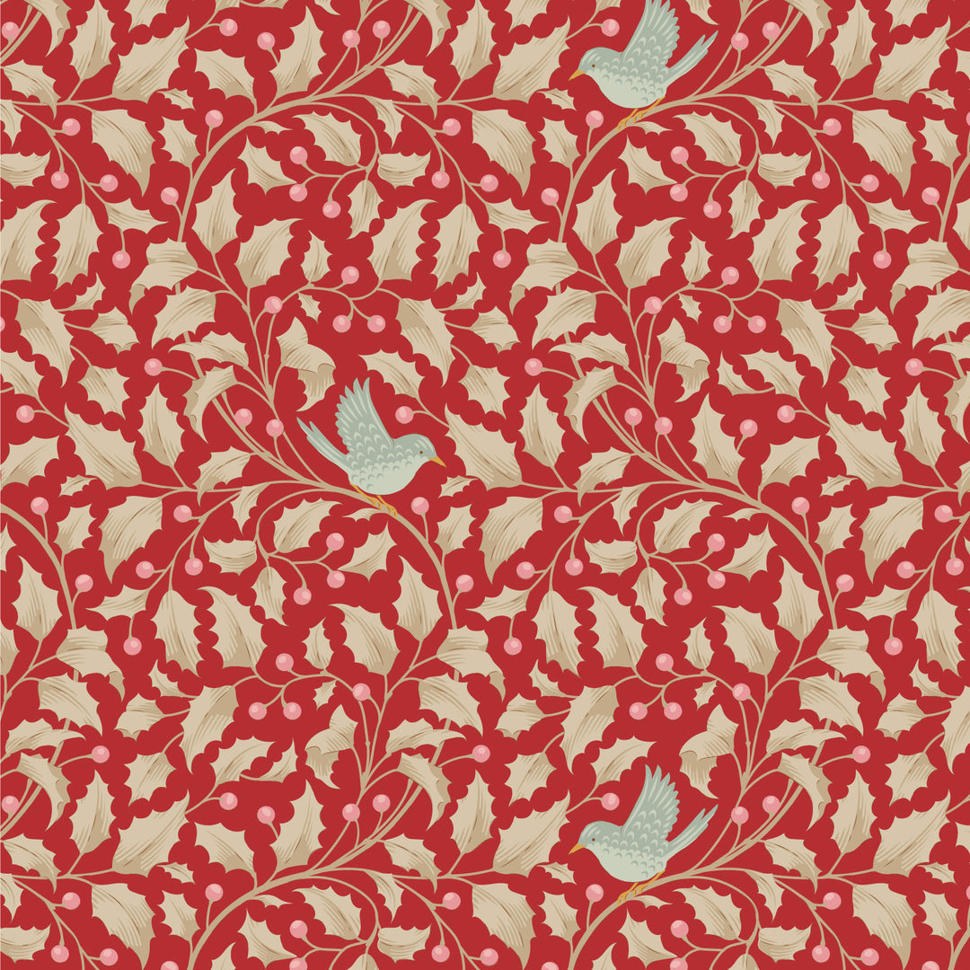 Decorative pattern with leaves and berries on a red background