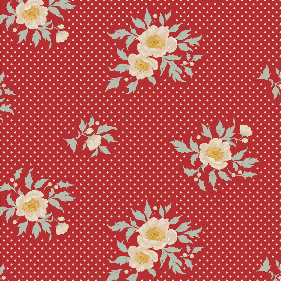 Floral pattern with white flowers on a red solid background with white dots