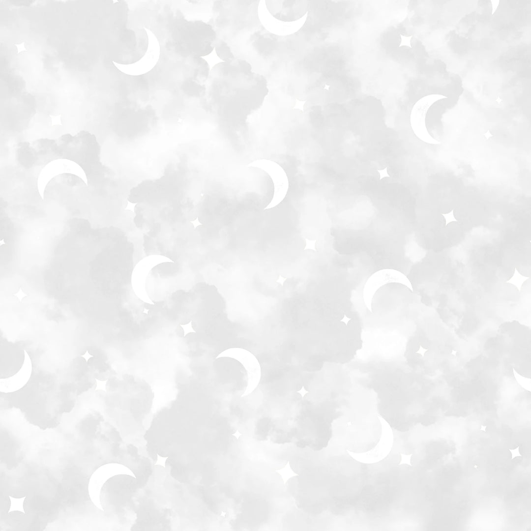 White crescent moon and star pattern on a light gray background