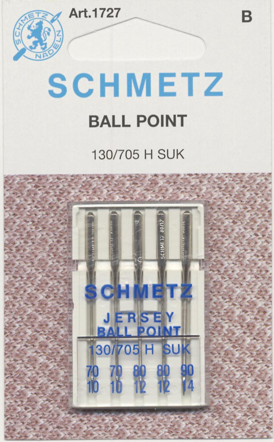 Packaging for SCHMETZ Jersey knitting needles, showing the needles in assorted sizes and the brand name, on a background pattern.