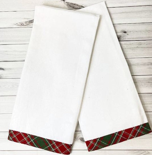 White Kitchen Towel - Holiday Plaid Trim