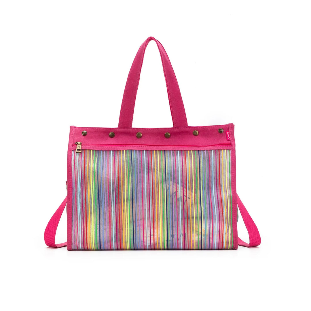 Tote bag with pink handle and multicolored striped front on a white background