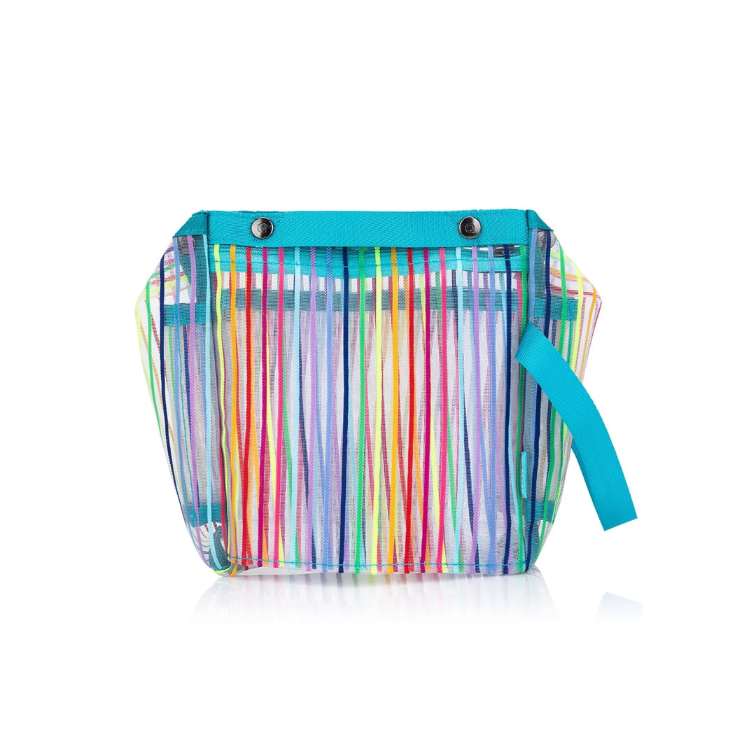 Multicolored striped bag with a blue handle on a white background