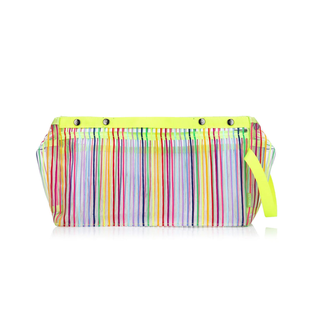 Multicolored striped pouch with a yellow handle on a white background