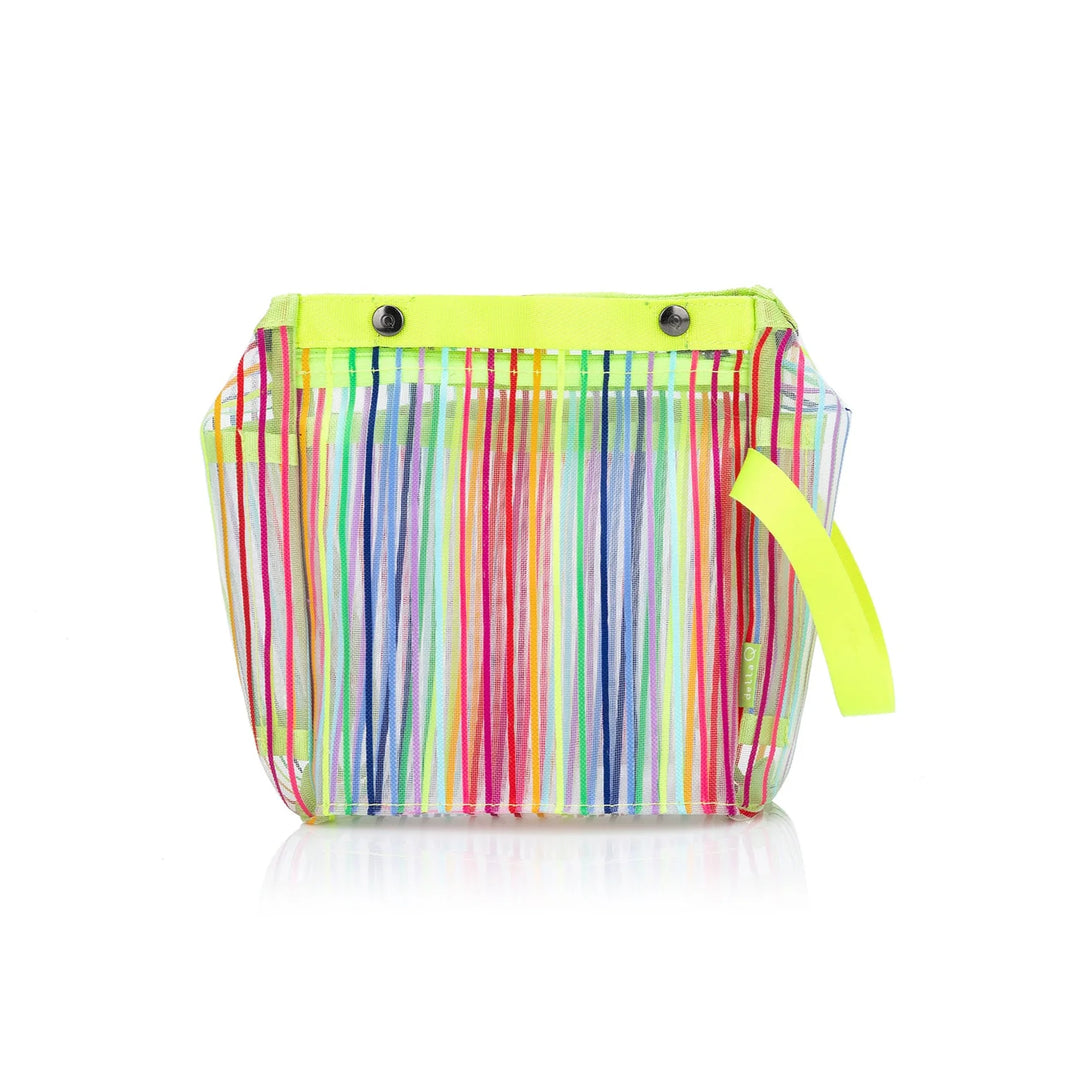 Transparent bag with colorful stripes and neon yellow handles on a white background