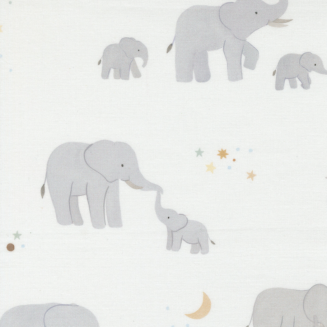 fabric swatch with simple drawings of mother and baby elephants and light pastel stars on a soft white background