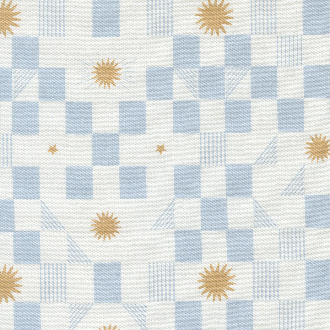 fabric swatch with light blue and white checkerboard patterns with various gold starbursts and fine blue lines