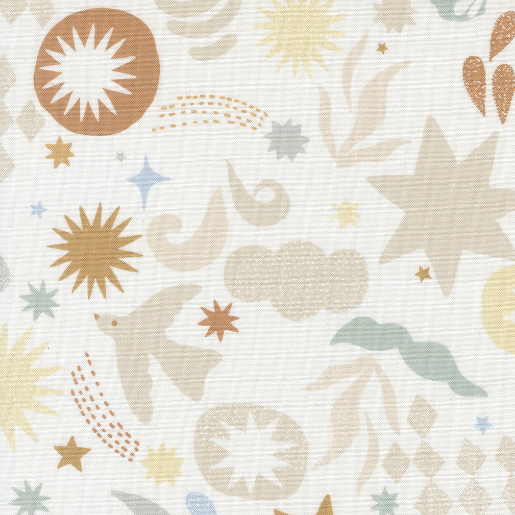 fabric swatch with random assortment of doves, stars, comets, clouds and other pattern sin soft beige and green and brown on a soft white background
