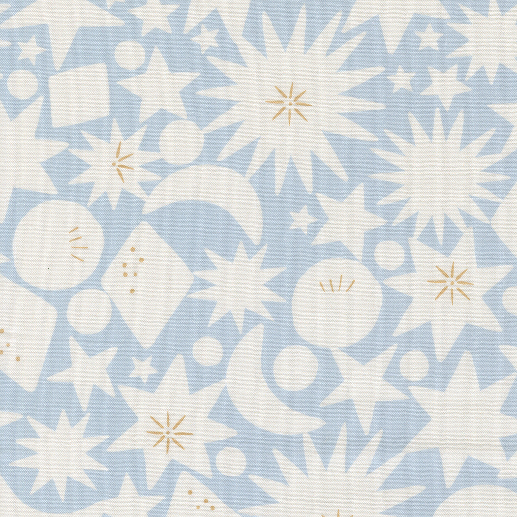fabric swatch of white geometric silhouettes of starbursts, circles, and crescent moons in various sizes on a soft blue background