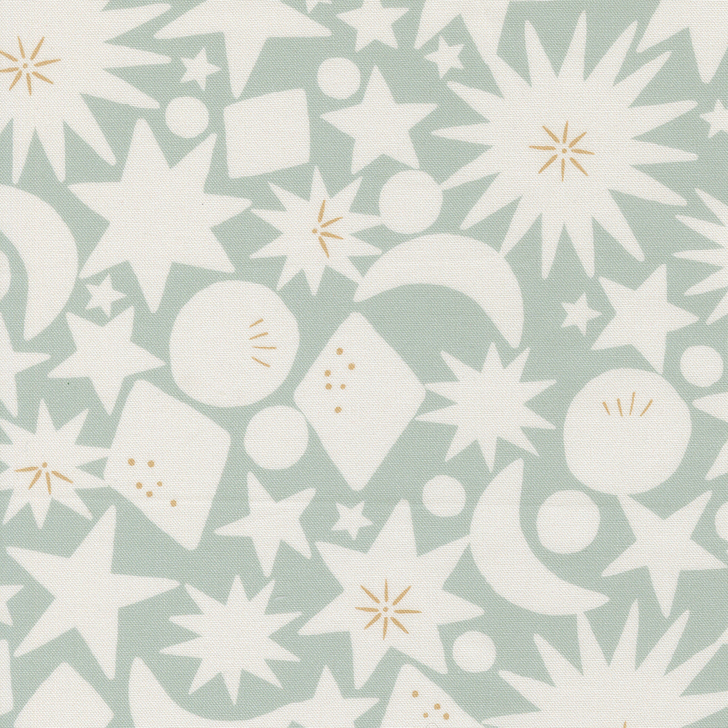 fabric swatch of white geometric silhouettes of starbursts, circles, and crescent moons in various sizes on a soft sage green background