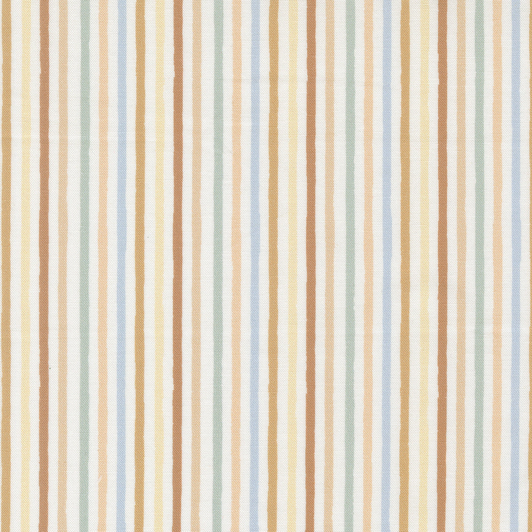 fabric swatch of thin vertical stripes alternating soft white and soft gold, yellow, brown, green, and blue
