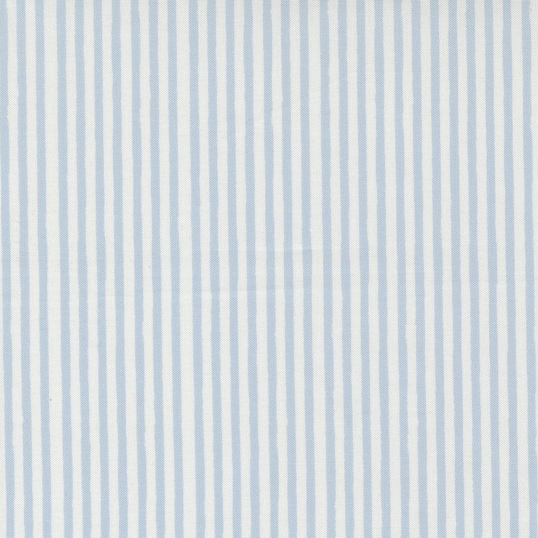 fabric swatch of thin vertical stripes alternating soft white and soft blue