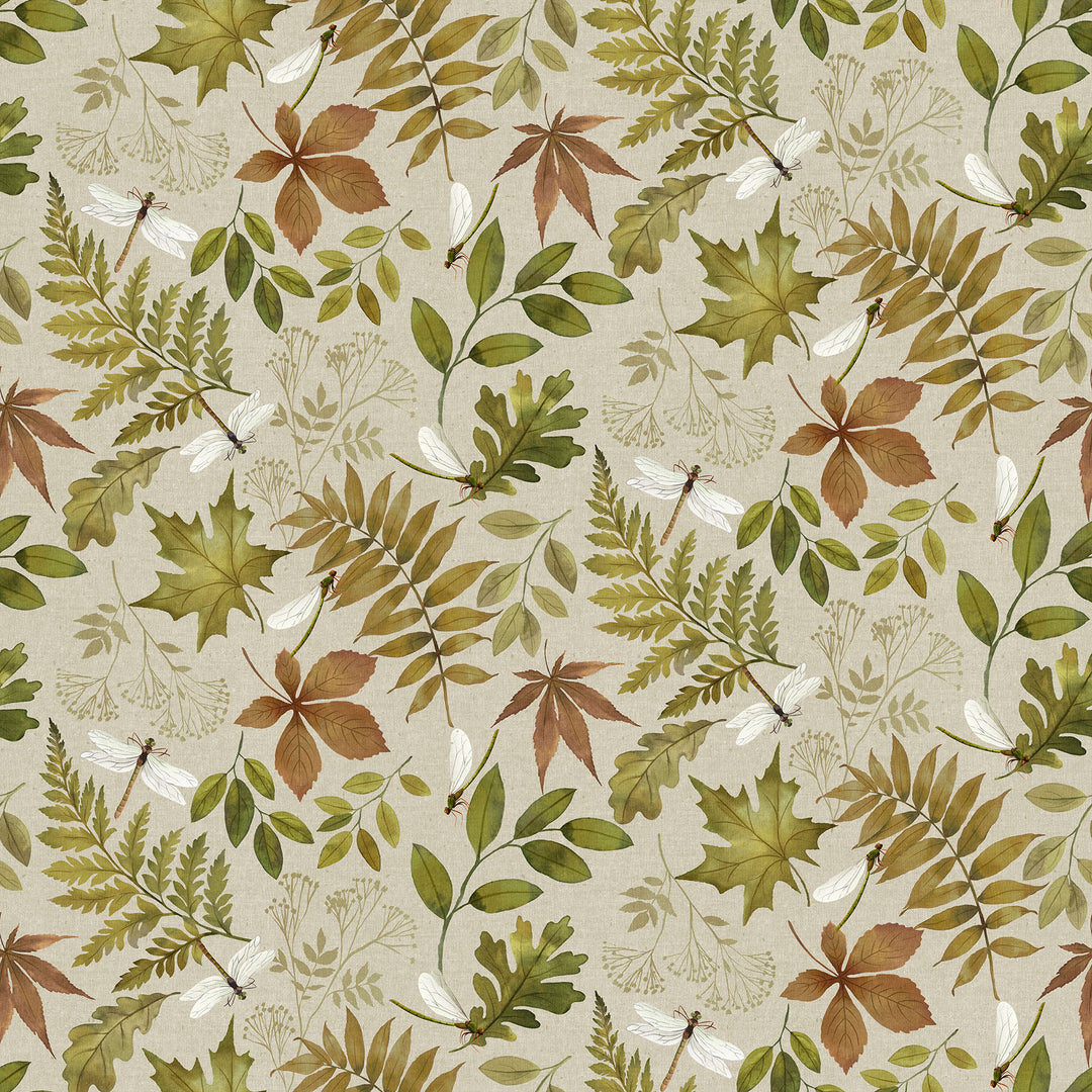 fabric swatch with greenery, brown leaves, and white dragonflies on a taupe background