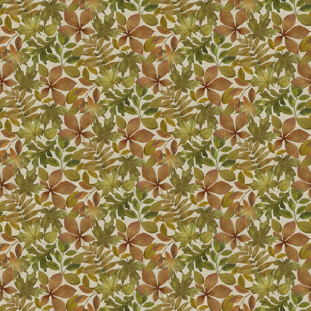 fabric swatch of greenery and brown leaves tightly layered on a taupe background