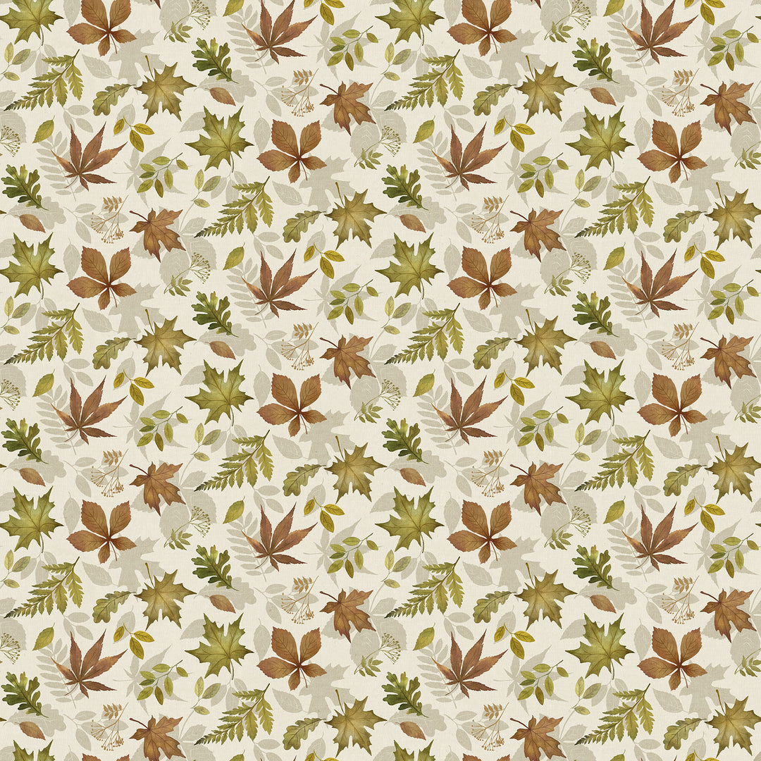 fabric swatch of various leaf shapes in brown and green, layered on shadows of leaves, on a cream background