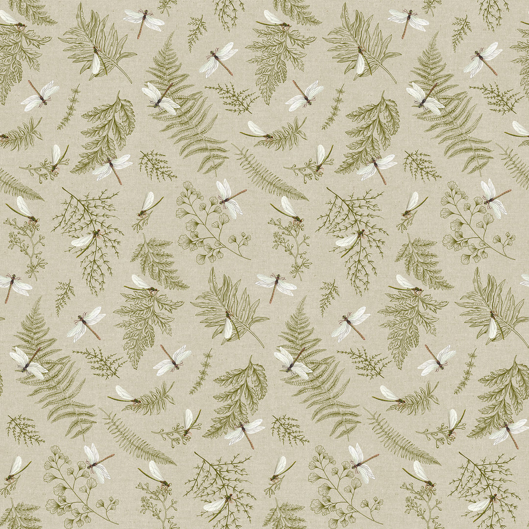 fabric swatch of various greenery and white dragonflies on a taupe background