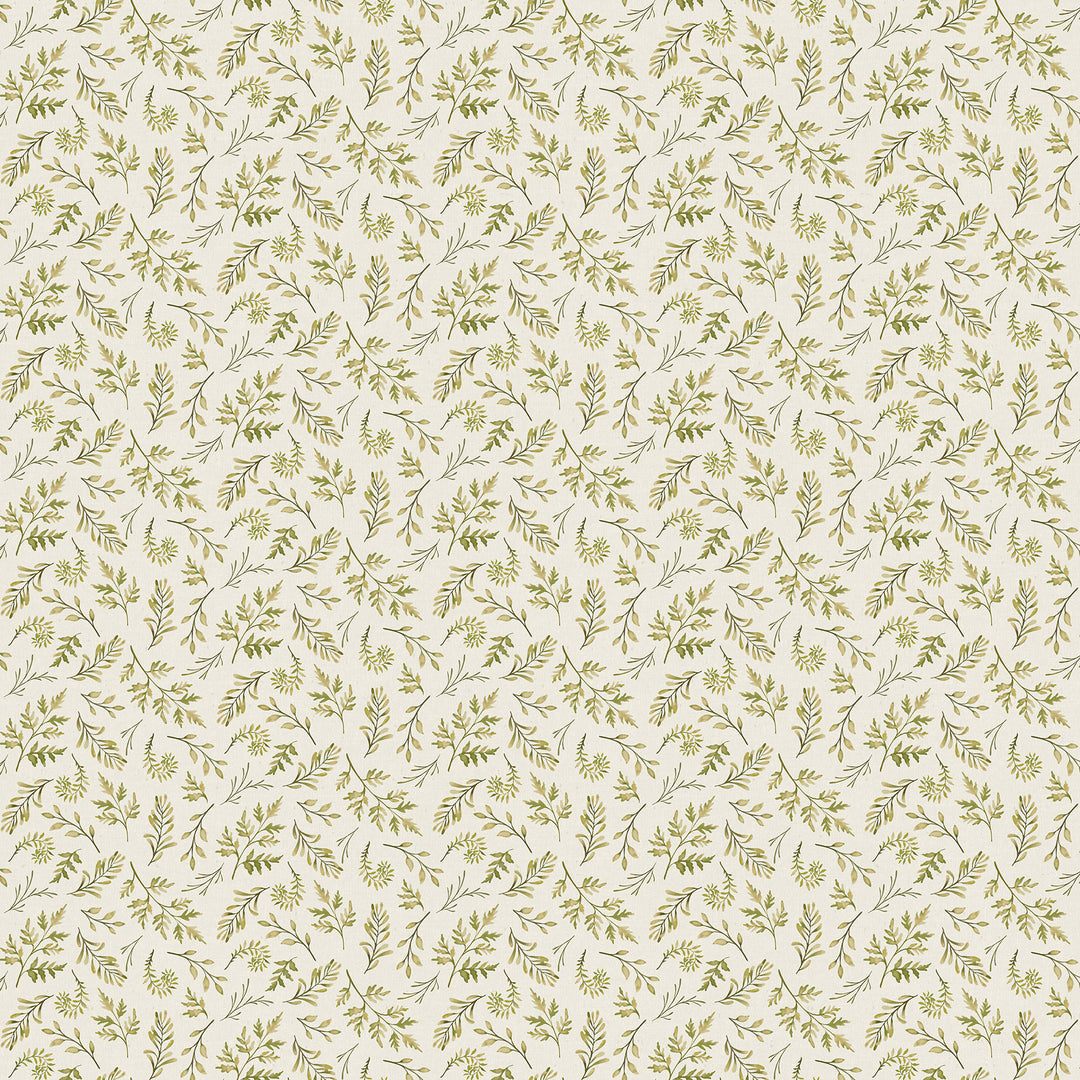 fabric swatch of small sprigs of greenery on a cream background