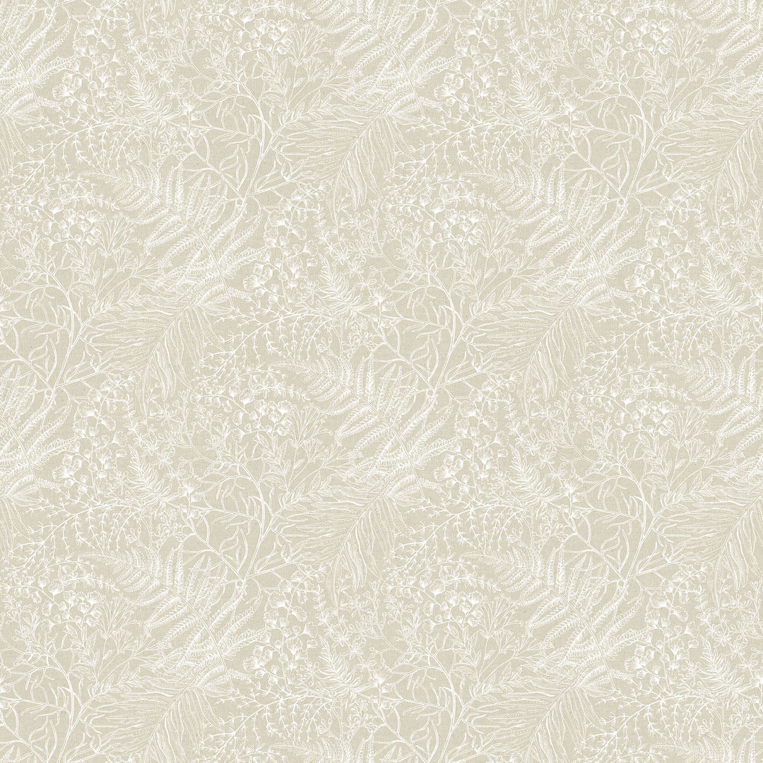 fabric swatch of white outlines of various greenery on a cream background