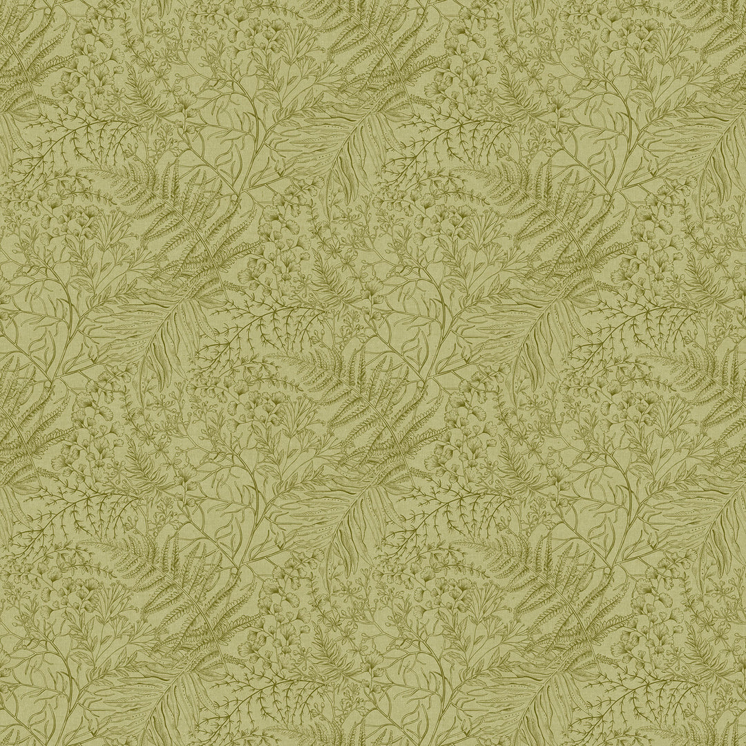 fabric swatch of dark green outlines of various greenery on a light green background