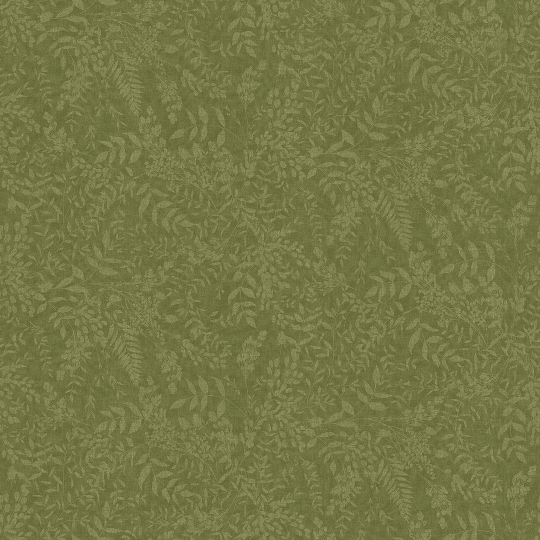swatch of a dark colored fabric printed with a light green colored print of various greenery shapes