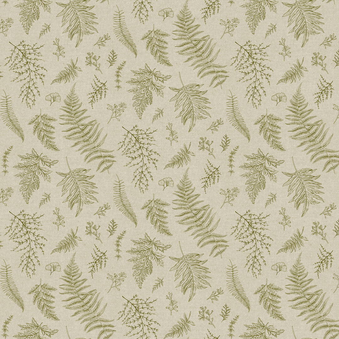 fabric swatch of various sprigs of greenery printed on a taupe background