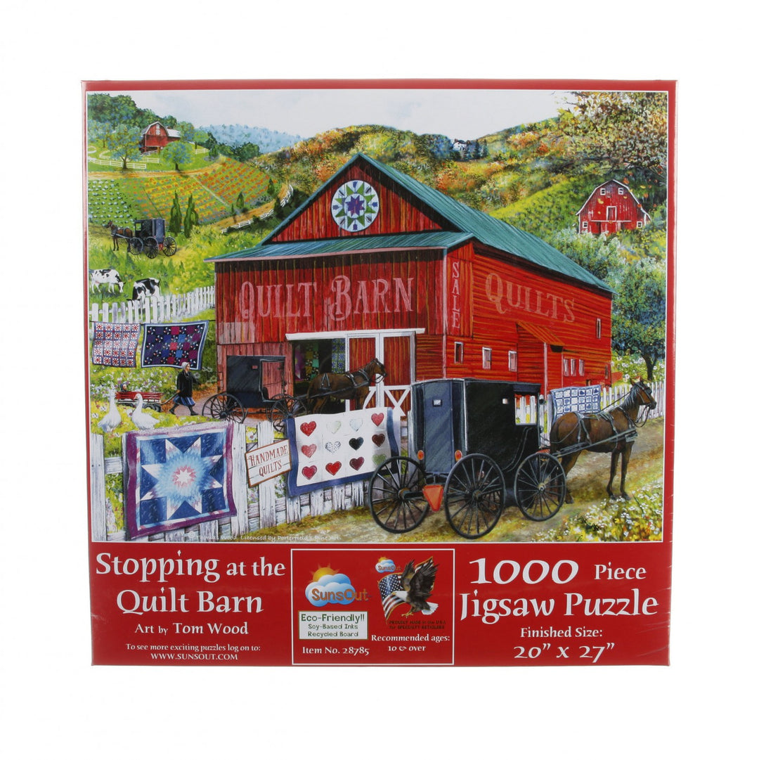 Stopping at the Quilt Barn puzzle. A red barn, horse drawn carriage, and puzzles hanging.