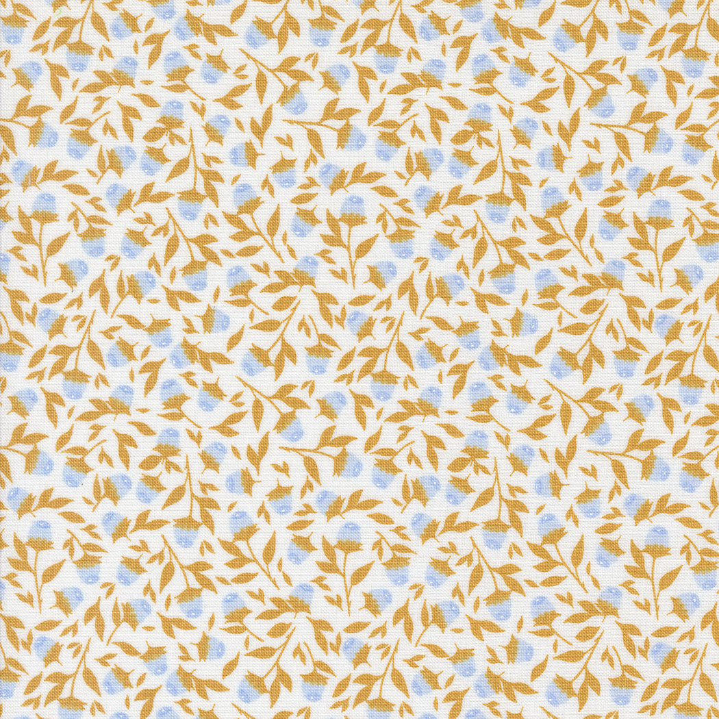 Pattern of small blue flowers and green leaves on a light beige background