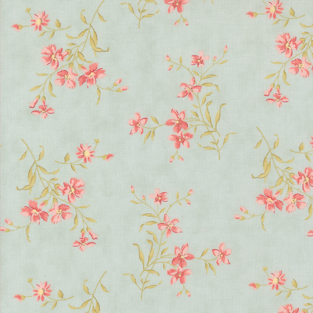 fabric swatch with small pink florals and greenery sprinkled on a sky blue background