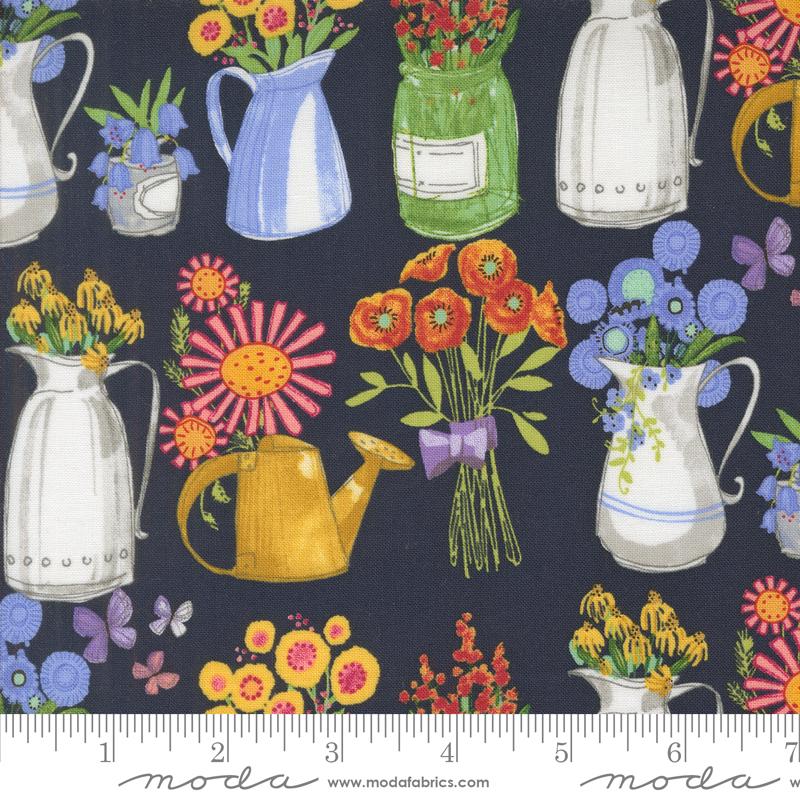 Navy background with a variety of flower vases