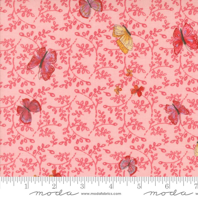Pink background with a pink leaf designs and butterflies