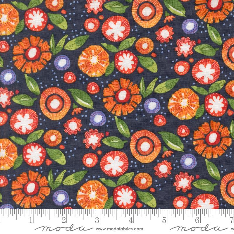 Blue background with orange and blue flowers