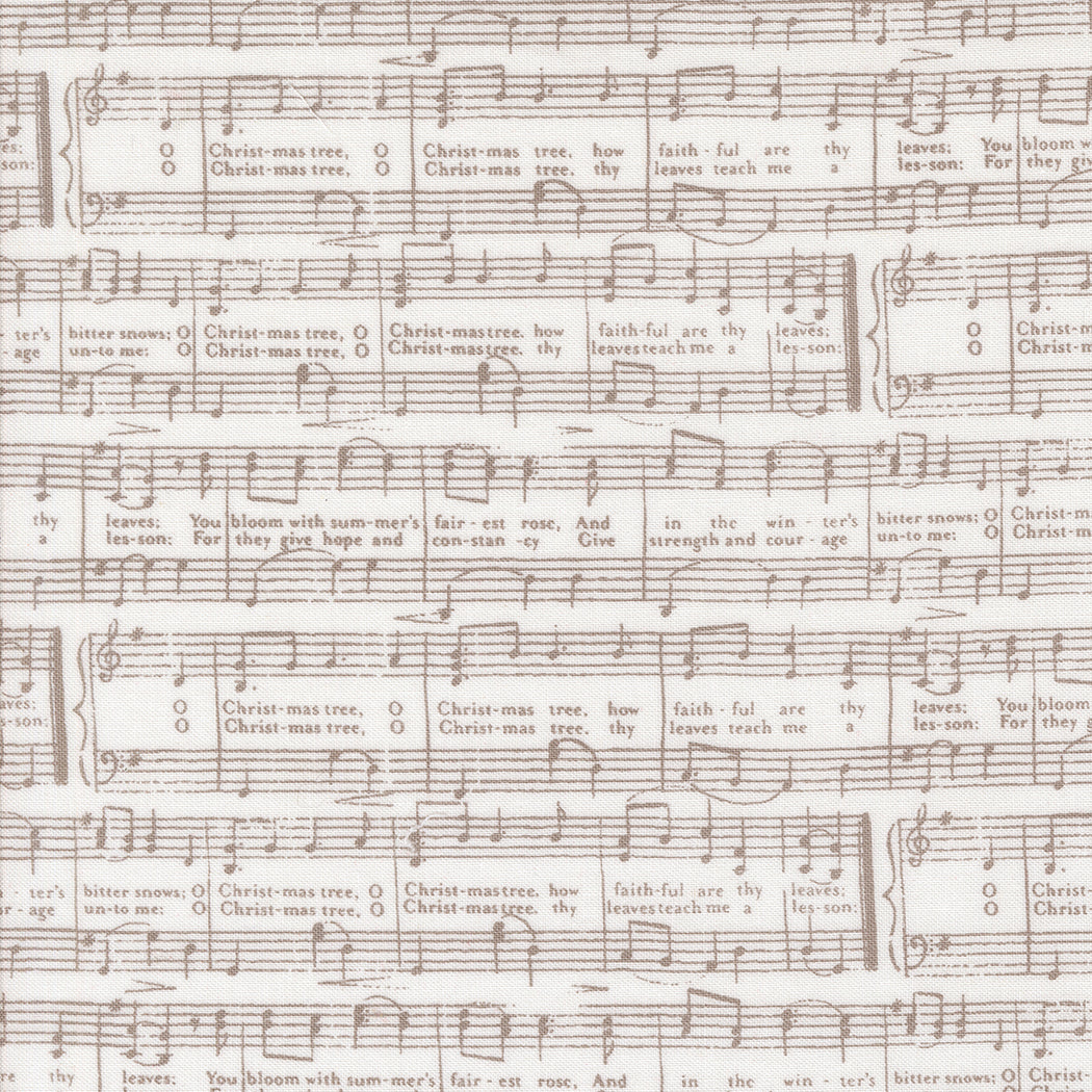 fabric swatch with a grey print of sheet music for the song "O Christmas Tree" on a white background