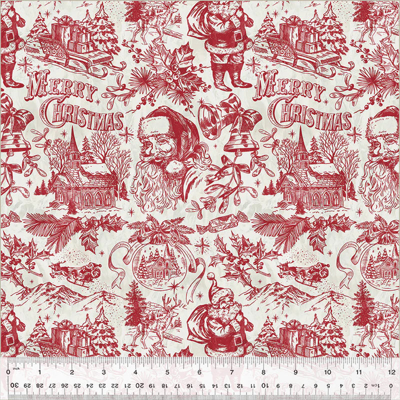 fabric swatch of vintage Christmas images (Santas, churches, sleds with presents, tress, and bell) in red on a white background