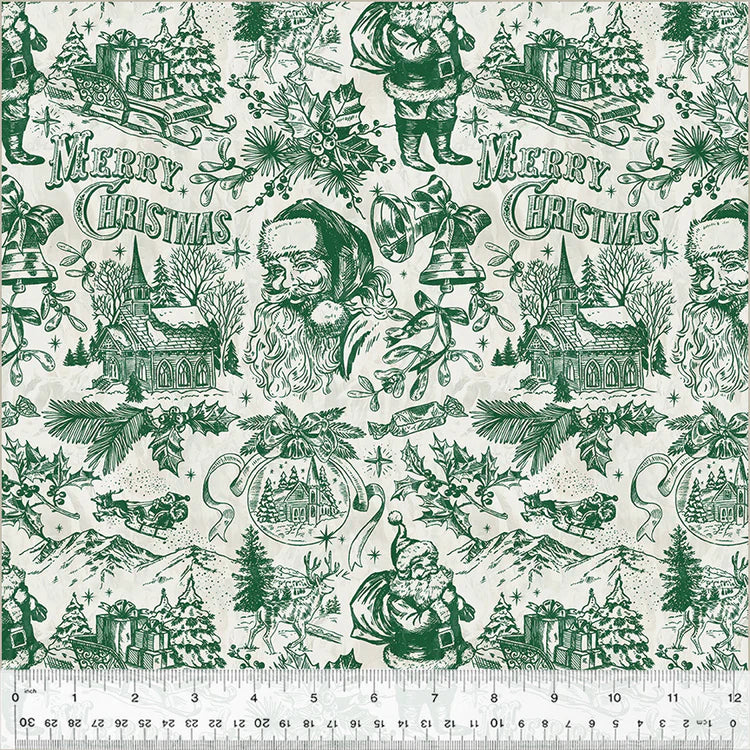 fabric swatch of vintage Christmas images (Santas, churches, sleds with presents, tress, and bell) in green on a white background