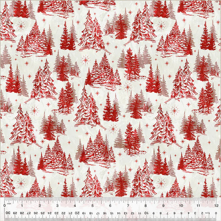fabric swatch of various pine trees and stars in red on an ivory background