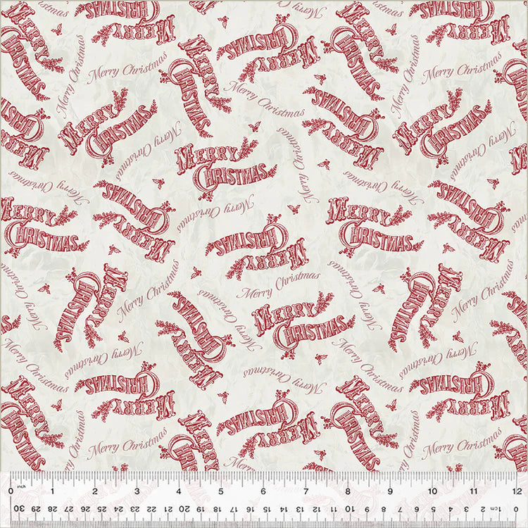 fabric swatch of various "Merry Christmas" prints in red on an ivory background