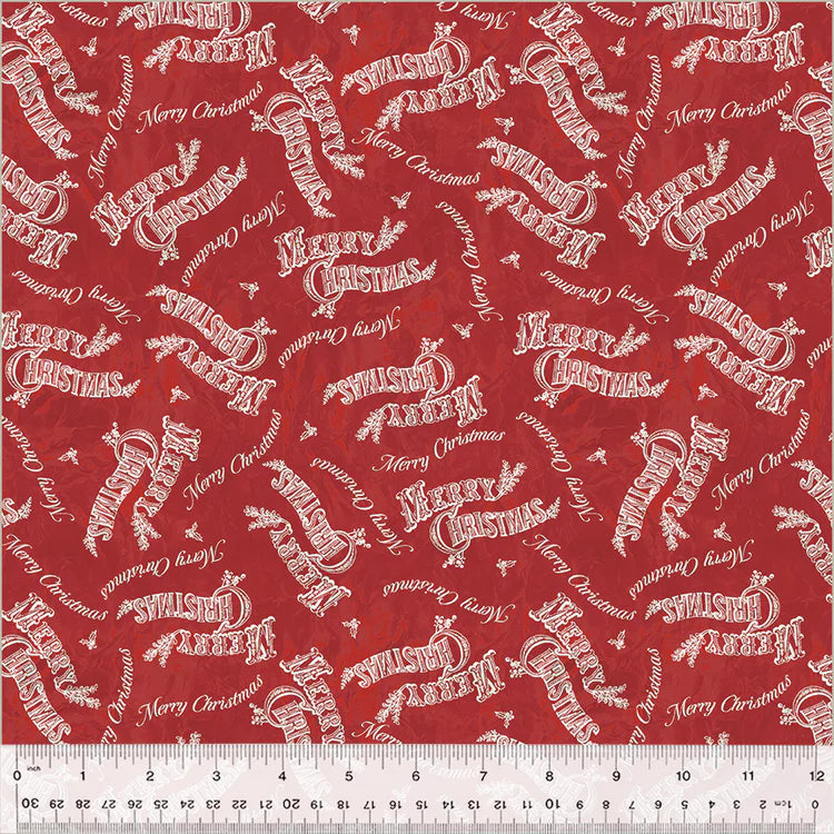 fabric swatch of various "Merry Christmas" prints in ivory on a red background