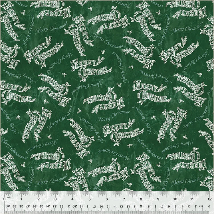 fabric swatch of various "Merry Christmas" prints in ivory on a dark green background