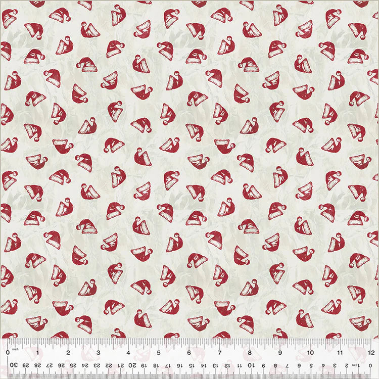 fabric swatch of small red Santa hats in various positions in a geometric patterns in an ivory background