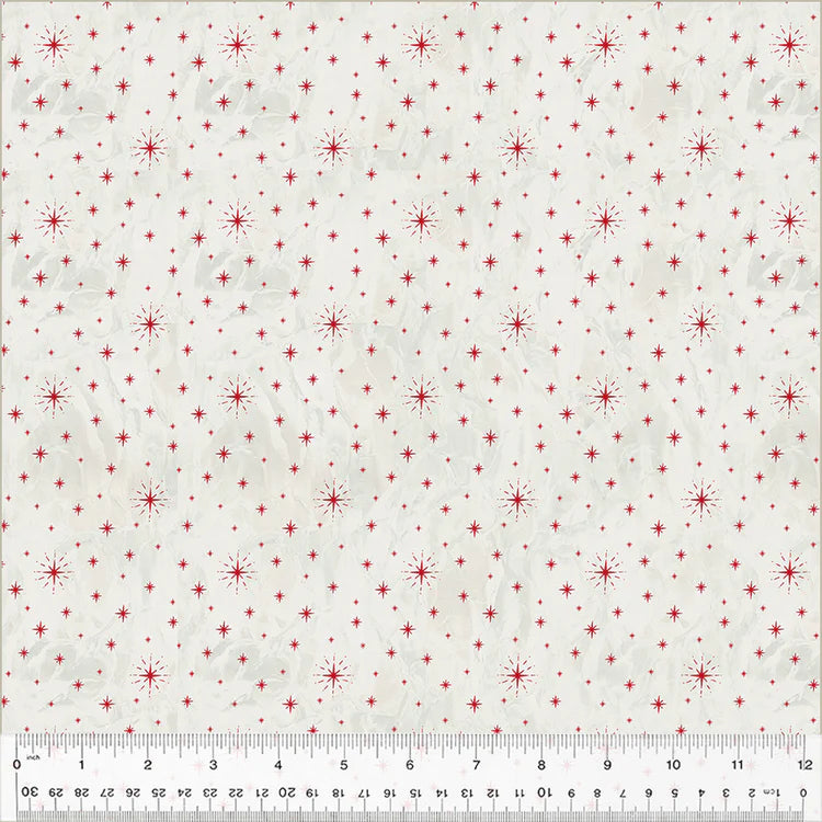 fabric swatch of red twinkle stars in various sizes in a geometric pattern on an ivory background