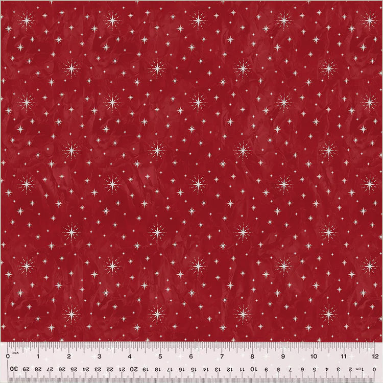 fabric swatch of ivory twinkle stars in various sizes in a geometric pattern on a red background