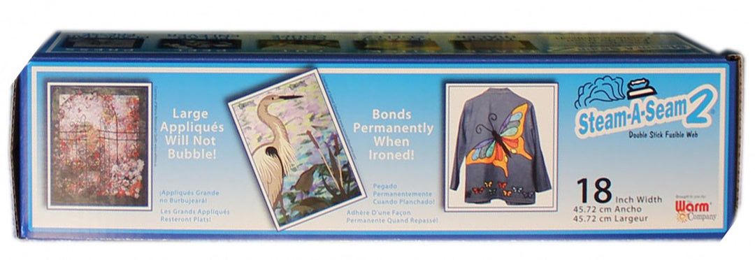 Packaging for Steam A Seam 2 fusible web, showing the product and examples of its use in crafting.