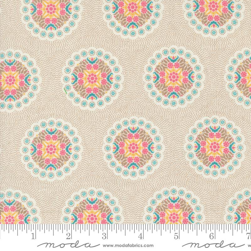 Tan background and geometric circles with a floral design