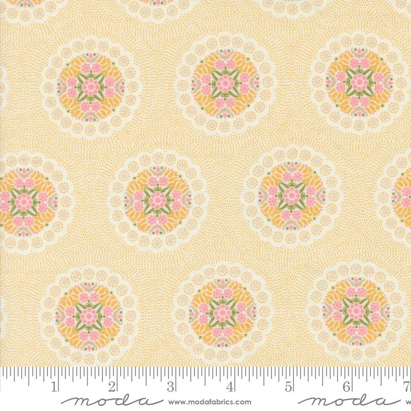 Yellow background with geometric circles and flowers
