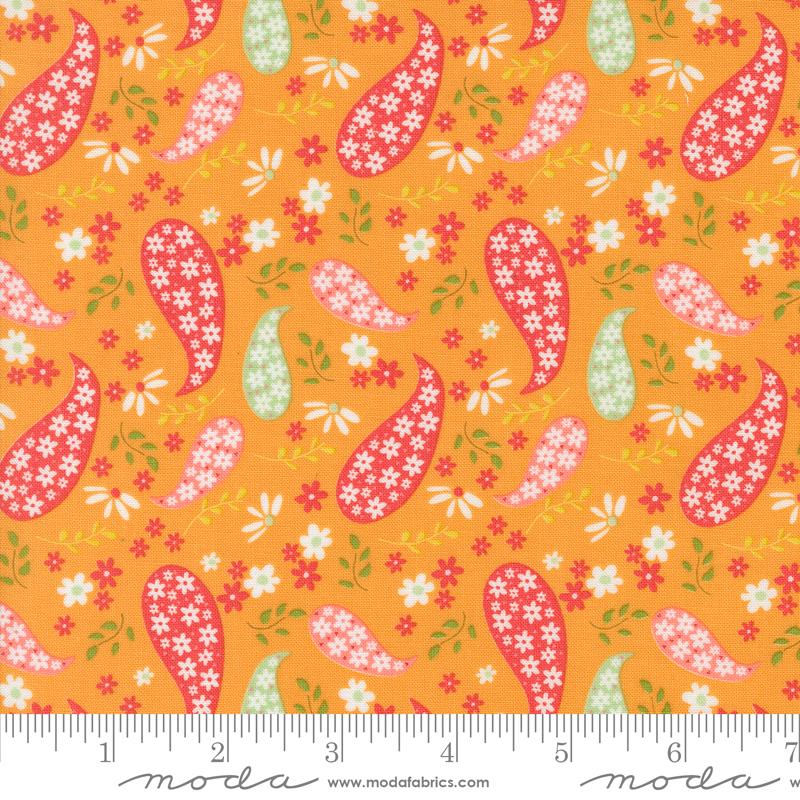 Orange background with red, pink, green paisley design