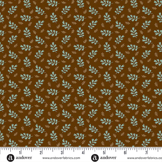 fabric swatch with a geometric pattern of light teal and light brown leaf sprigs on a darker brown background
