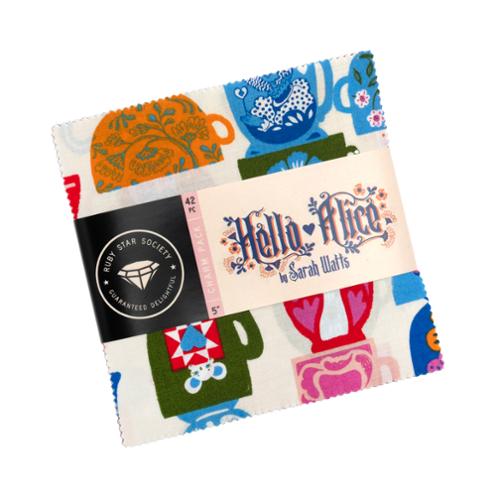 a sqaure pack of 5 inch pieces of fabric bound with a label that says "Hello Alice by Sarah Watts"