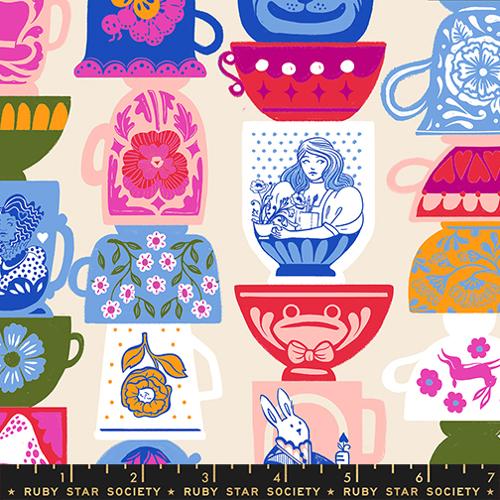 columns of stacked teacups, some upside down and some right side up, featuring various Alice in Wonderland themed designs in bright colors, on an off white background