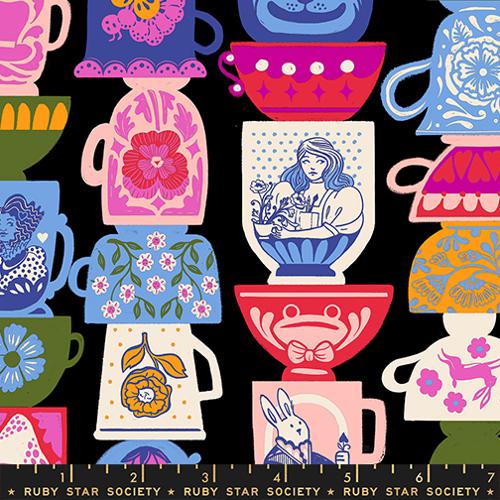 columns of stacked teacups, some upside down and some right side up, featuring various Alice in Wonderland themed designs in bright colors, on a black background