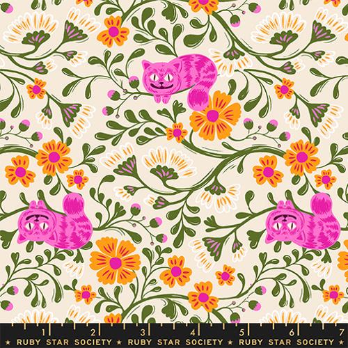 green vines with pink and orange florals on an off white background with the pink Cheshire cat featured through out